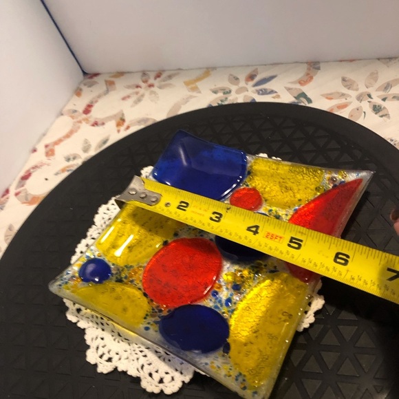 Confetti and Circles Fused Art Glass Square Trinket Dish 5 1/2” Square (8” Dia) - Picture 5 of 6
